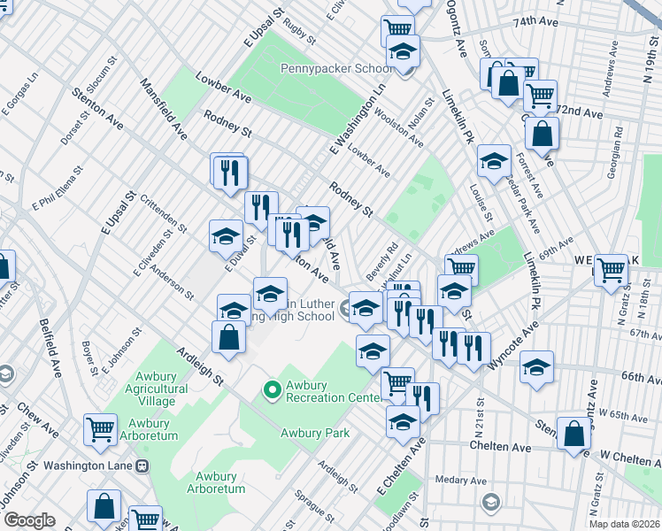 map of restaurants, bars, coffee shops, grocery stores, and more near 7253 Mansfield Avenue in Philadelphia