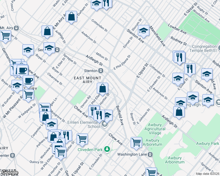 map of restaurants, bars, coffee shops, grocery stores, and more near 6635 Blakemore Street in Philadelphia