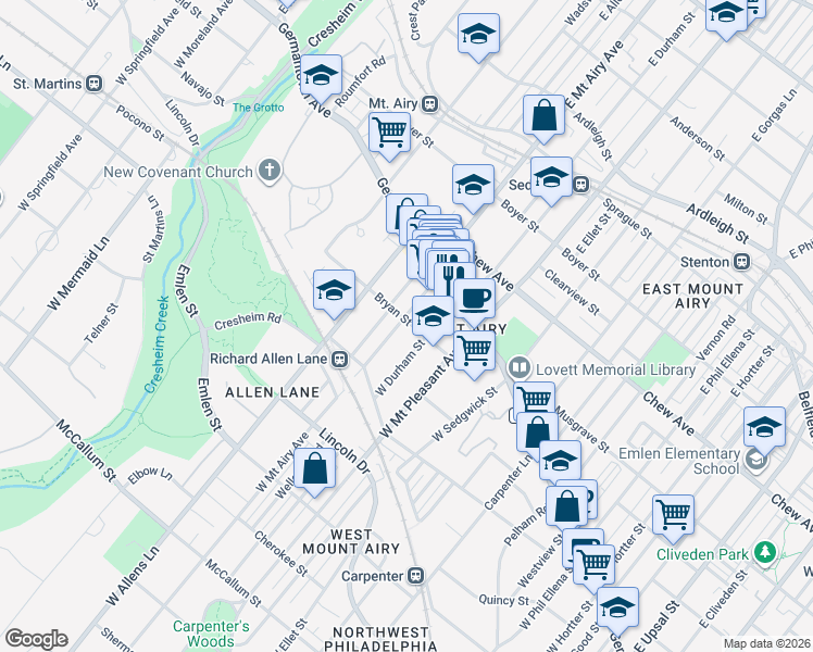 map of restaurants, bars, coffee shops, grocery stores, and more near 49 West Mount Airy Avenue in Philadelphia
