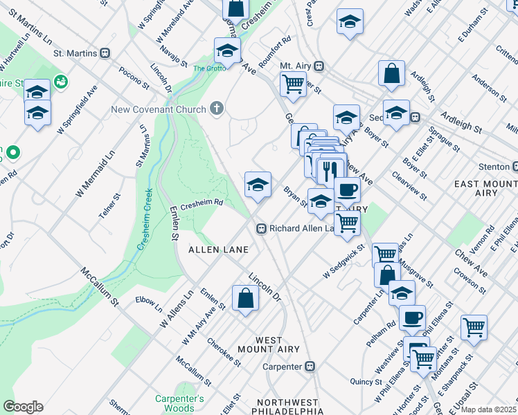 map of restaurants, bars, coffee shops, grocery stores, and more near 7300 Rural Lane in Philadelphia