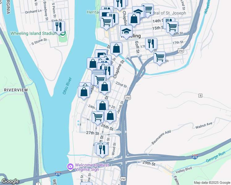map of restaurants, bars, coffee shops, grocery stores, and more near 2225 Eoff Street in Wheeling