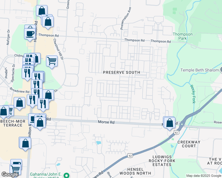 map of restaurants, bars, coffee shops, grocery stores, and more near 3856 Wood Stork Lane in Columbus
