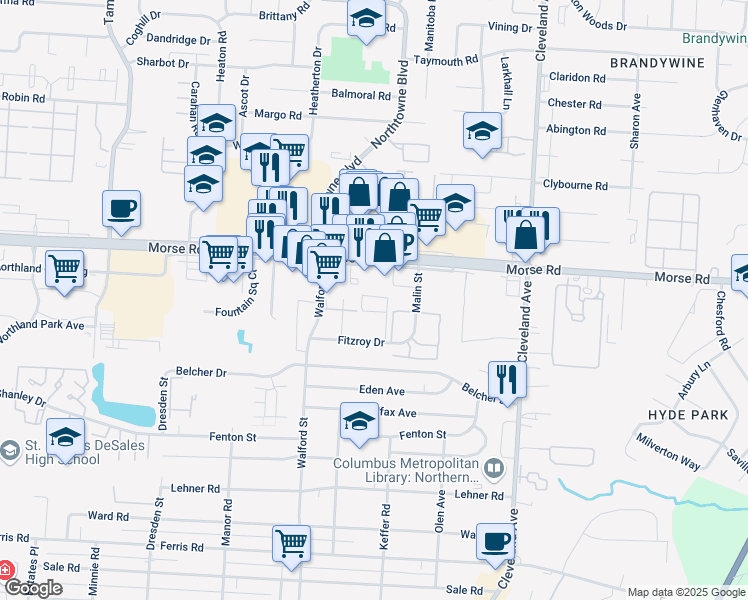 map of restaurants, bars, coffee shops, grocery stores, and more near 2245 Morse Road in Columbus