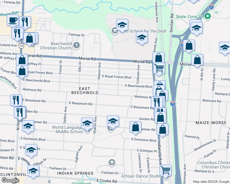 map of restaurants, bars, coffee shops, grocery stores, and more near 467 East Beechwold Boulevard in Columbus