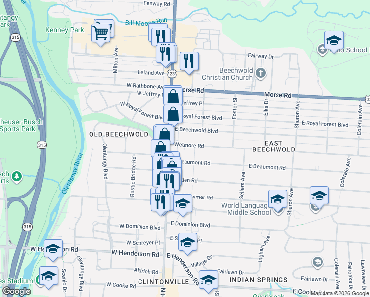 map of restaurants, bars, coffee shops, grocery stores, and more near 20 Wetmore Road in Columbus