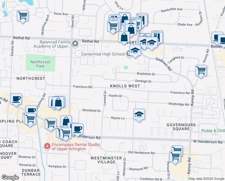 map of restaurants, bars, coffee shops, grocery stores, and more near 1558 Francisco Road in Columbus
