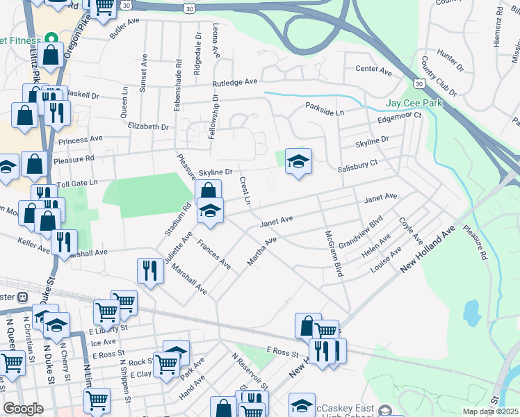 map of restaurants, bars, coffee shops, grocery stores, and more near 812 Pleasure Road in Lancaster
