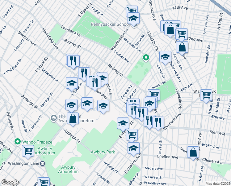 map of restaurants, bars, coffee shops, grocery stores, and more near 7226 Cornelius Street in Philadelphia