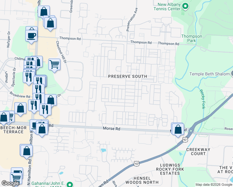 map of restaurants, bars, coffee shops, grocery stores, and more near 3856 Wood Stork Lane in Columbus