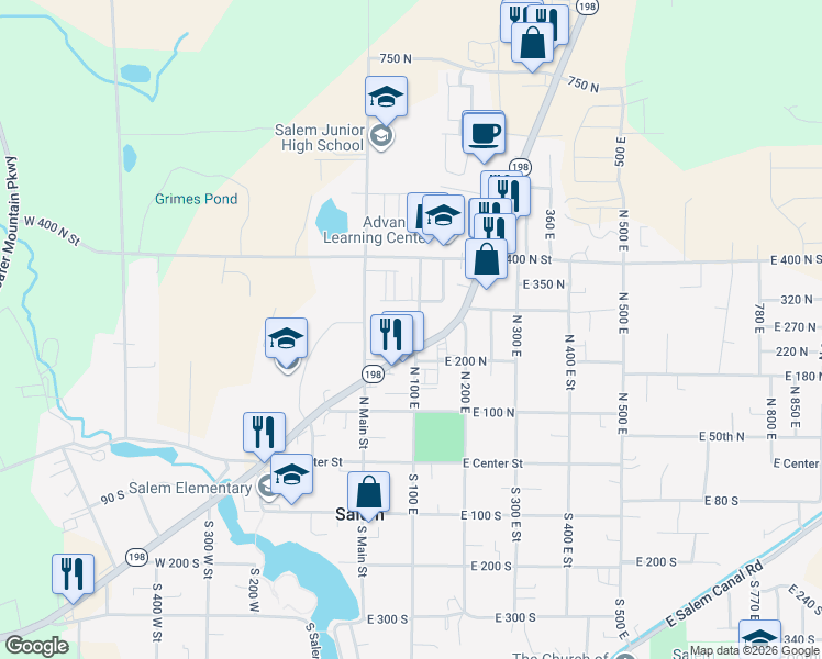 map of restaurants, bars, coffee shops, grocery stores, and more near 253 North 100 East in Salem