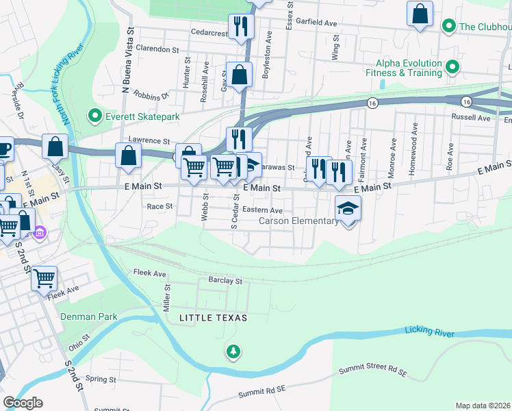 map of restaurants, bars, coffee shops, grocery stores, and more near 415 East Main Street in Newark