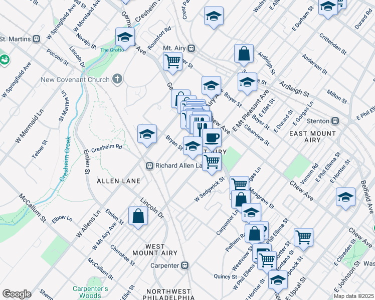 map of restaurants, bars, coffee shops, grocery stores, and more near 7151 Bryan Street in Philadelphia