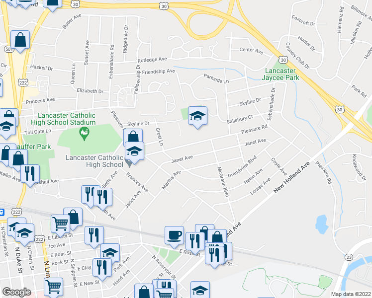 map of restaurants, bars, coffee shops, grocery stores, and more near 848 Pleasure Road in Lancaster