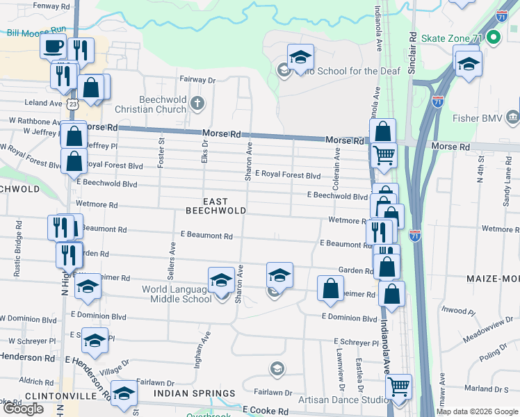 map of restaurants, bars, coffee shops, grocery stores, and more near 409 East Beechwold Boulevard in Columbus