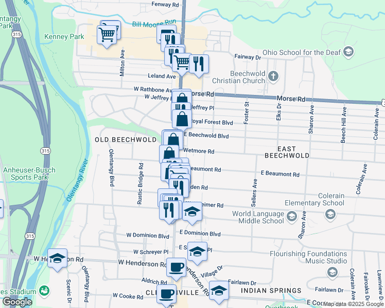map of restaurants, bars, coffee shops, grocery stores, and more near 33 Wetmore Road in Columbus