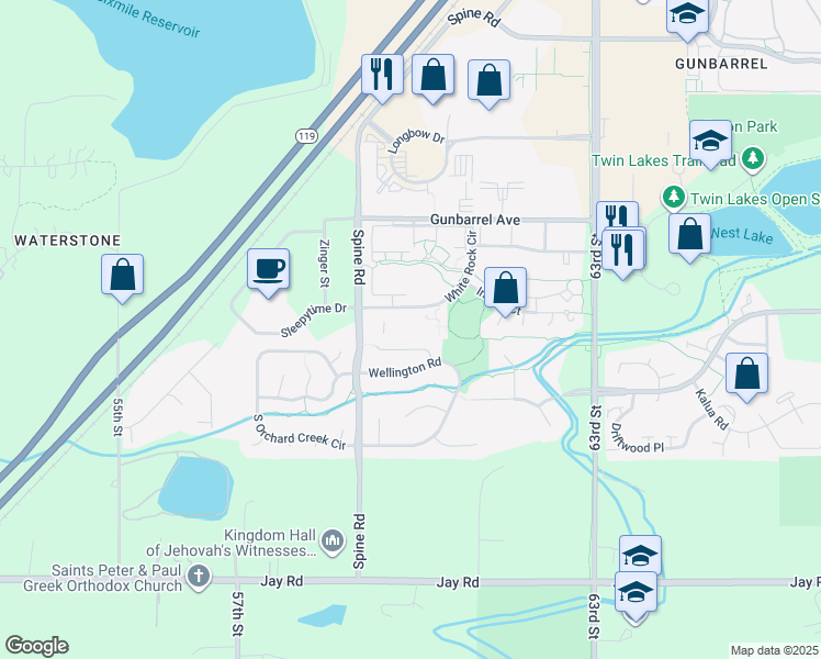 map of restaurants, bars, coffee shops, grocery stores, and more near 4658 White Rock Circle in Boulder
