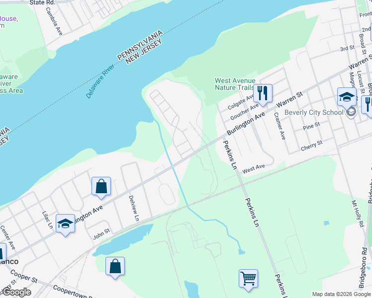 map of restaurants, bars, coffee shops, grocery stores, and more near 36 Swan Court in Delanco