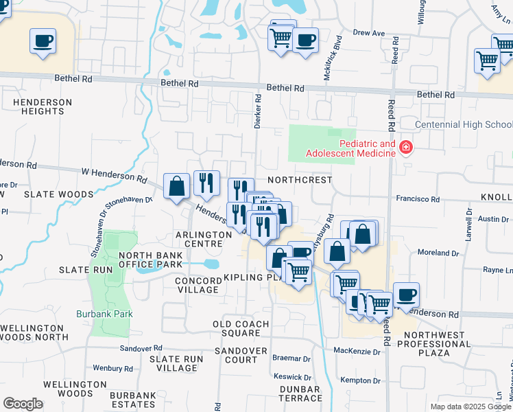 map of restaurants, bars, coffee shops, grocery stores, and more near 5020 Dierker Road in Columbus