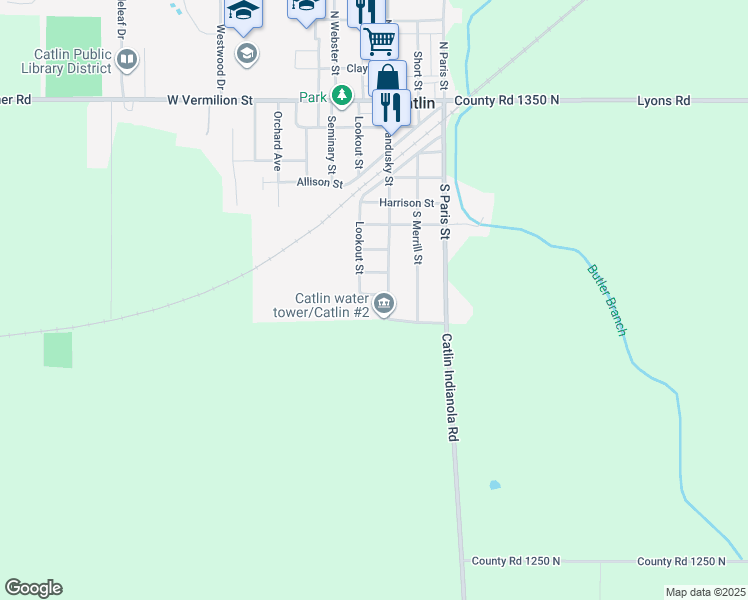 map of restaurants, bars, coffee shops, grocery stores, and more near 104 Jones Street in Catlin