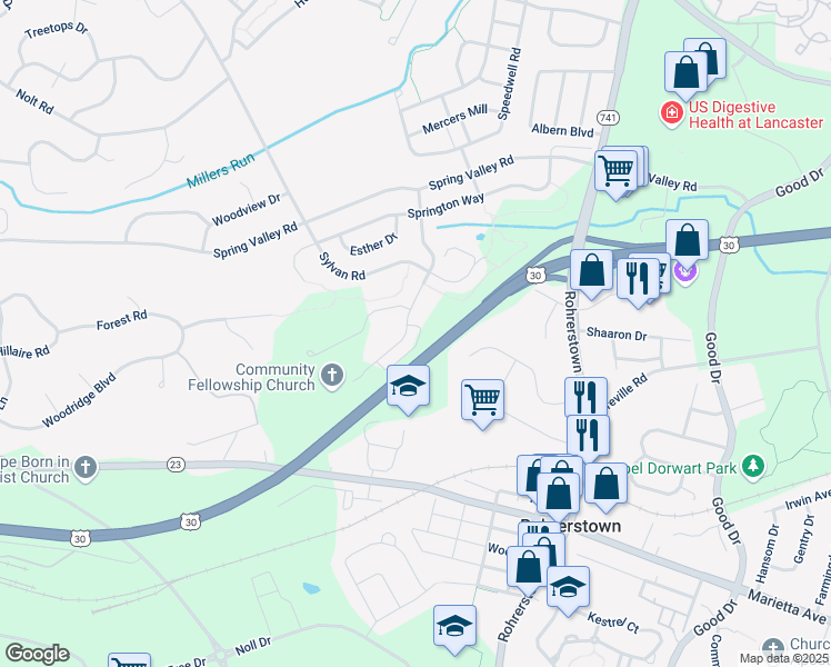 map of restaurants, bars, coffee shops, grocery stores, and more near 235 Bethel Drive in Lancaster