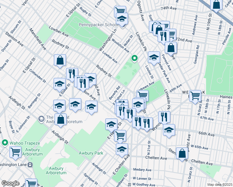 map of restaurants, bars, coffee shops, grocery stores, and more near 1514 Beverly Road in Philadelphia