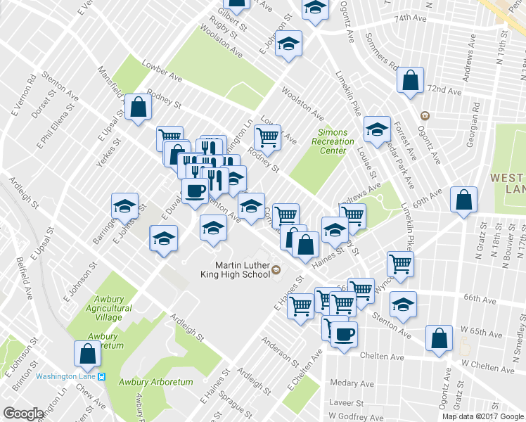 map of restaurants, bars, coffee shops, grocery stores, and more near 7228 Cornelius Street in Philadelphia