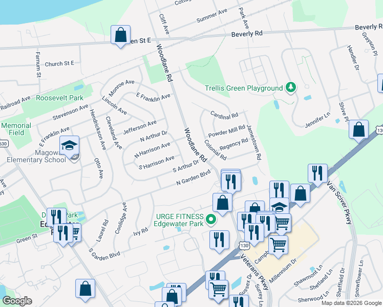 map of restaurants, bars, coffee shops, grocery stores, and more near 820 Woodlane Road in Beverly