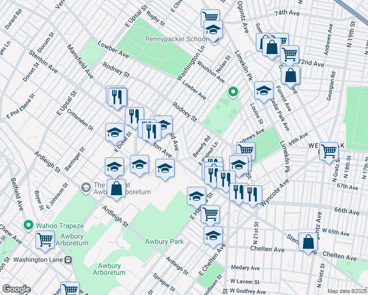 map of restaurants, bars, coffee shops, grocery stores, and more near 7228 Cornelius Street in Philadelphia