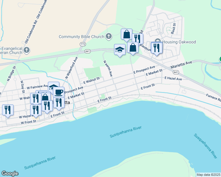 map of restaurants, bars, coffee shops, grocery stores, and more near 457 East Market Street in Marietta