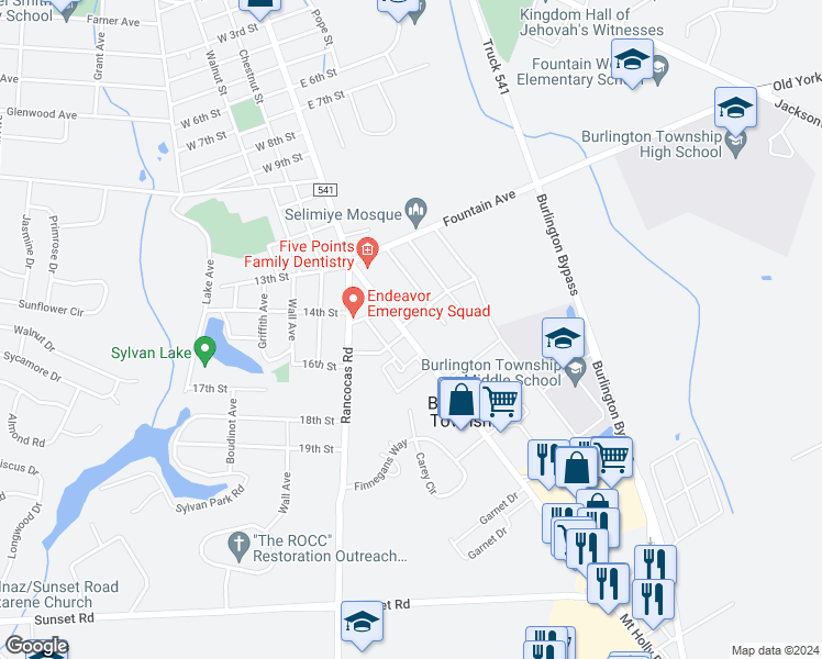map of restaurants, bars, coffee shops, grocery stores, and more near 1501 Mount Holly Road in Burlington