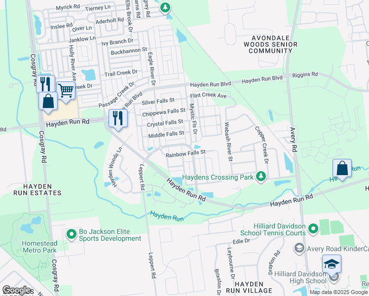 map of restaurants, bars, coffee shops, grocery stores, and more near 5566 Bow Falls Boulevard in Hilliard