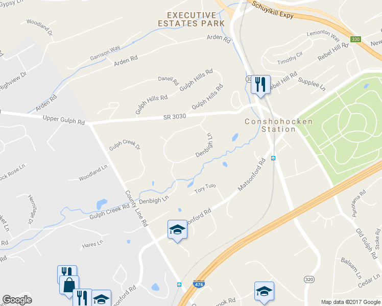 map of restaurants, bars, coffee shops, grocery stores, and more near 1231 Denbigh Lane in Wayne