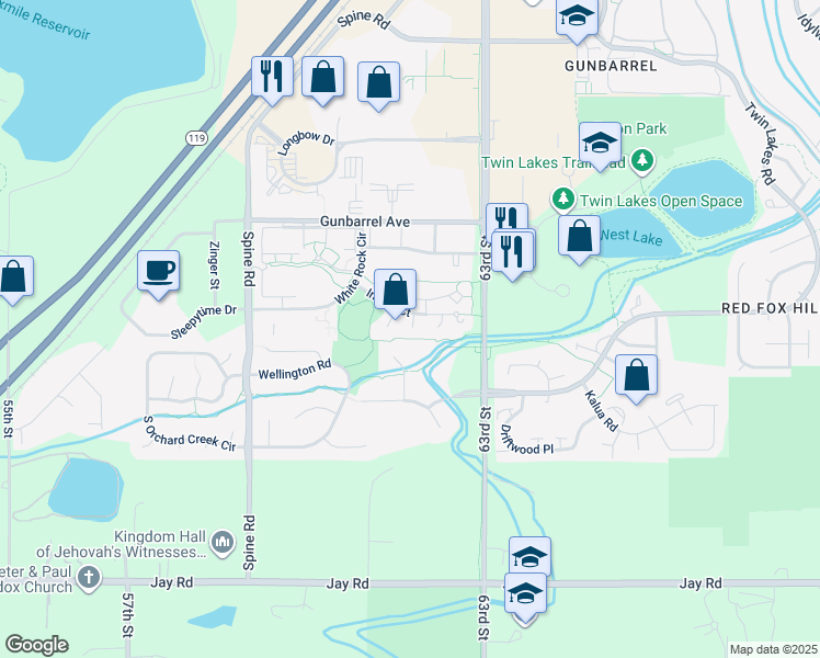 map of restaurants, bars, coffee shops, grocery stores, and more near 4652 Almond Lane in Boulder