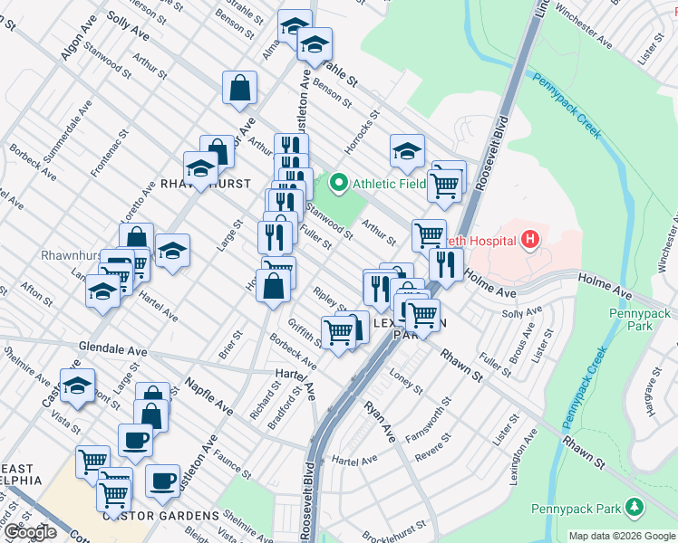 map of restaurants, bars, coffee shops, grocery stores, and more near 2310 Fuller Street in Philadelphia