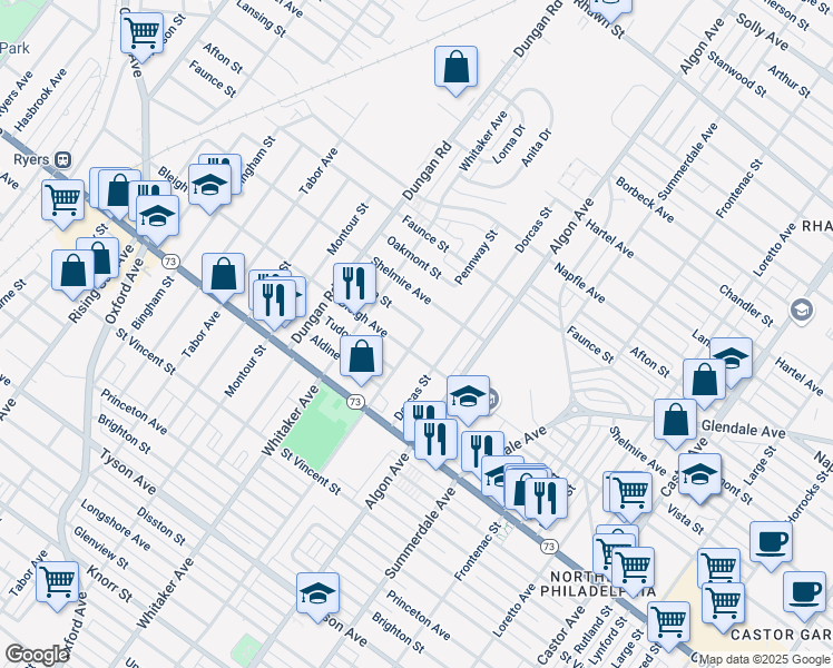 map of restaurants, bars, coffee shops, grocery stores, and more near 1428 Vista Street in Philadelphia