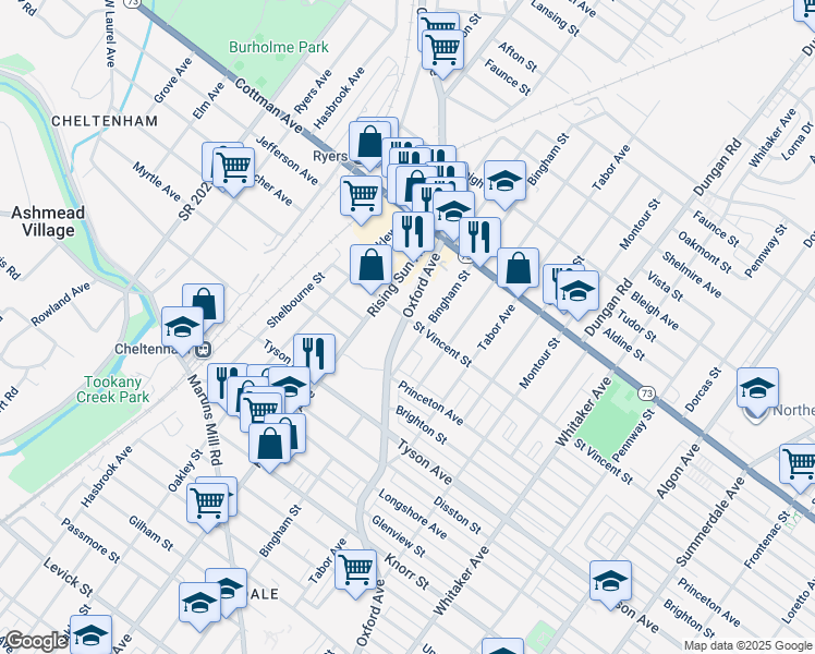 map of restaurants, bars, coffee shops, grocery stores, and more near 7132 Rising Sun Avenue in Philadelphia