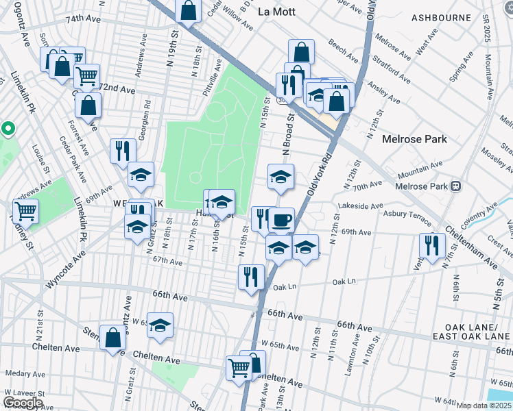 map of restaurants, bars, coffee shops, grocery stores, and more near 6908 North Broad Street in Philadelphia