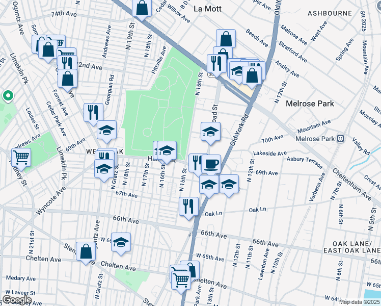 map of restaurants, bars, coffee shops, grocery stores, and more near 1451 69th Avenue in Philadelphia