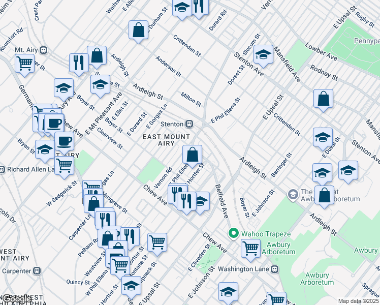 map of restaurants, bars, coffee shops, grocery stores, and more near 500 Vernon Road in Philadelphia