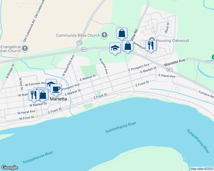 map of restaurants, bars, coffee shops, grocery stores, and more near 464 East Market Street in Marietta