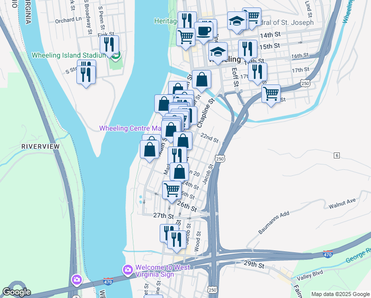 map of restaurants, bars, coffee shops, grocery stores, and more near 2230 Market Street in Wheeling