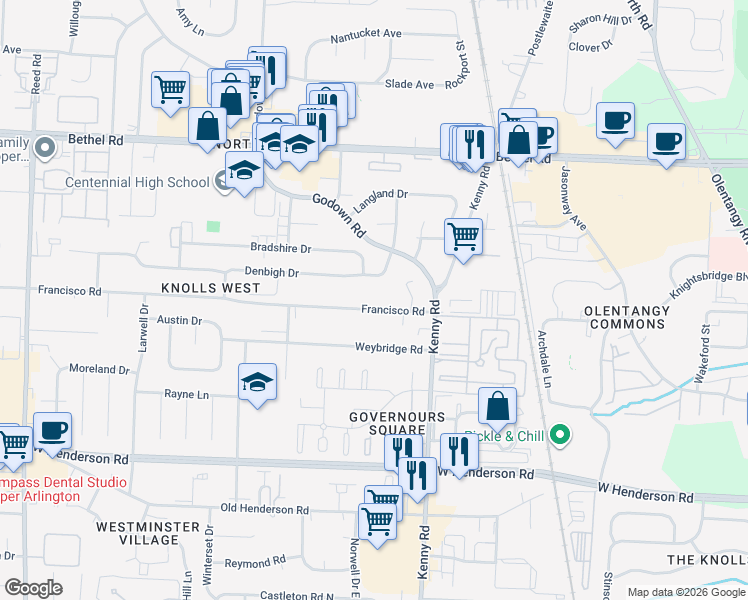 map of restaurants, bars, coffee shops, grocery stores, and more near 1219 Denbigh Drive in Columbus
