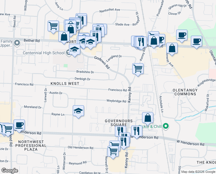 map of restaurants, bars, coffee shops, grocery stores, and more near 1219 Denbigh Drive in Columbus