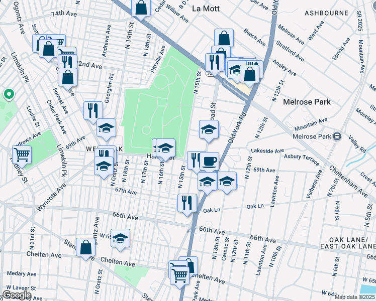 map of restaurants, bars, coffee shops, grocery stores, and more near 1451 69th Avenue in Philadelphia