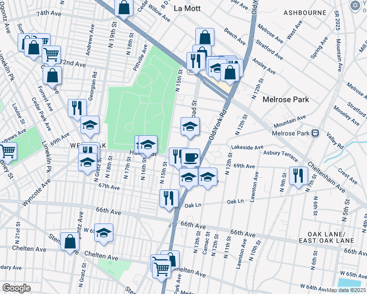 map of restaurants, bars, coffee shops, grocery stores, and more near 6904 North Broad Street in Philadelphia