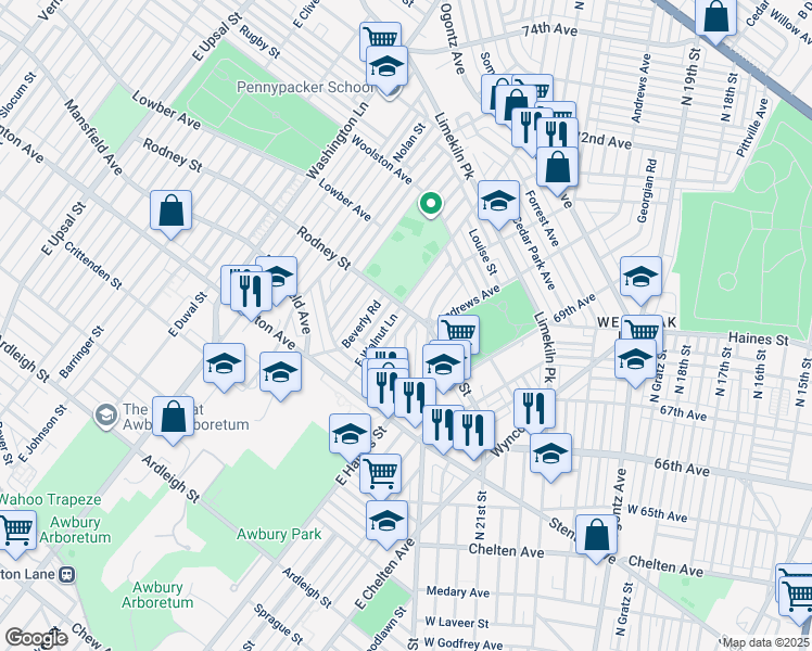 map of restaurants, bars, coffee shops, grocery stores, and more near 2111 Homer Street in Philadelphia