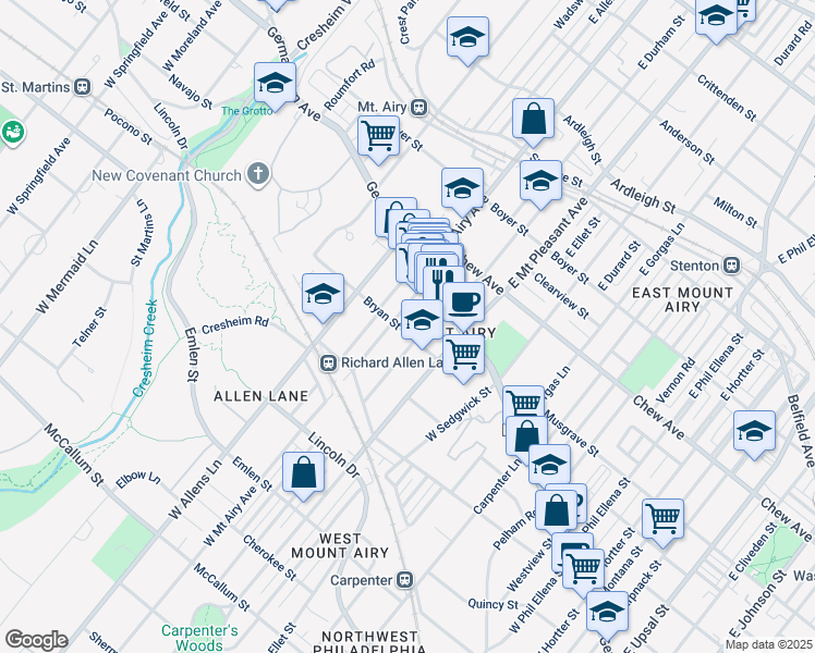 map of restaurants, bars, coffee shops, grocery stores, and more near 7157 Bryan Street in Philadelphia