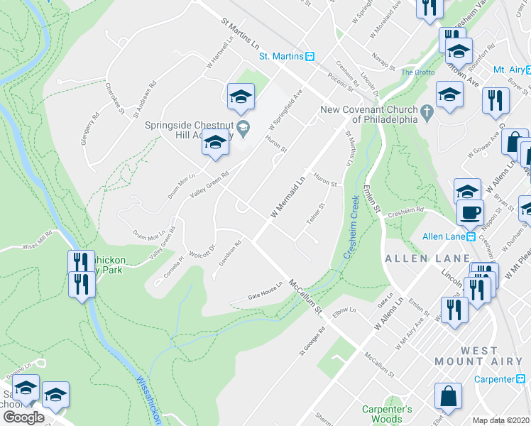 map of restaurants, bars, coffee shops, grocery stores, and more near 7705 Cherokee Street in Philadelphia