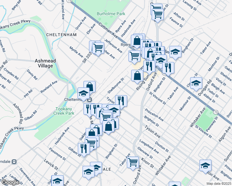 map of restaurants, bars, coffee shops, grocery stores, and more near 7020 Oakley Street in Philadelphia