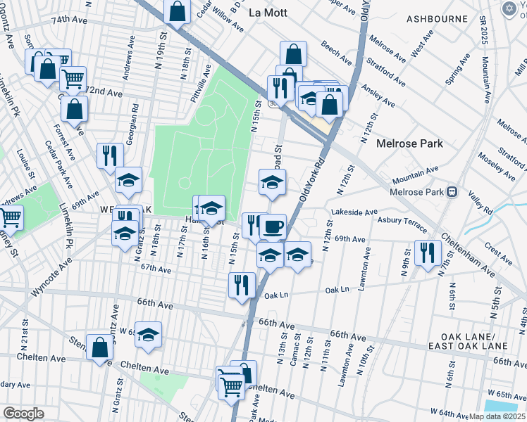 map of restaurants, bars, coffee shops, grocery stores, and more near 6904 North Broad Street in Philadelphia